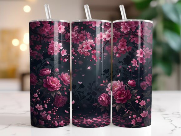 Pink Cherry Blossom Night Tumbler Wraps Graphics