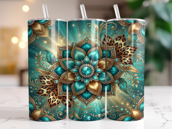 Teal Gold Floral Mandala Leopard Tumbler