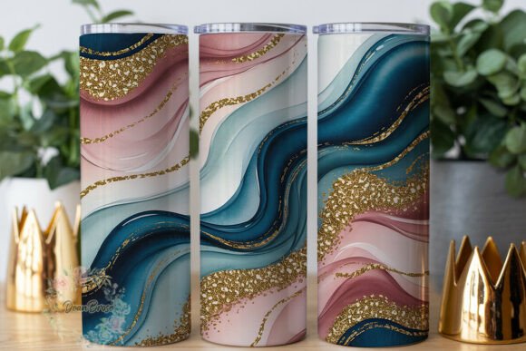 Teal Pink Gold Marble Tumbler Wrap PNG Review
