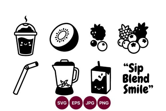 Vector Line Art Coffee Cup and Fruit Graphics